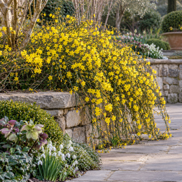 Jasminum nudiflorum utilizzato in giardino come arbusto ornamentale ricadente