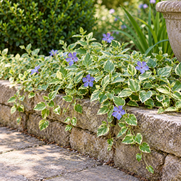 Vinca major Variegata utilizzata come coprisuolo e ricadente