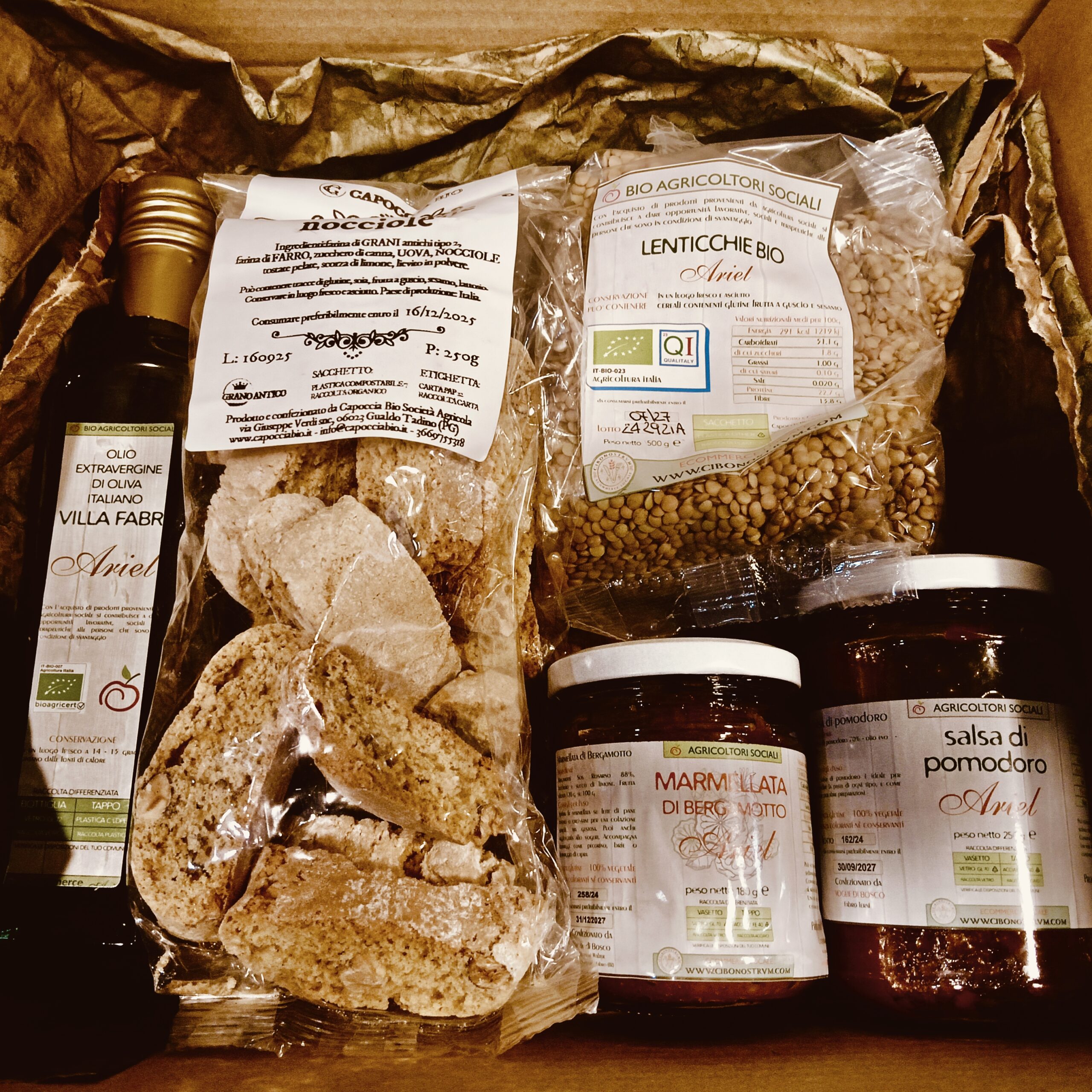 Cesta Regalo Biologica con Olio EVO e Packaging Solidale in Carta Roccia