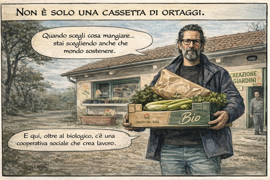 Cliente con cassetta bio davanti alla cooperativa sociale Ariel – biologico locale e sostenibilità.