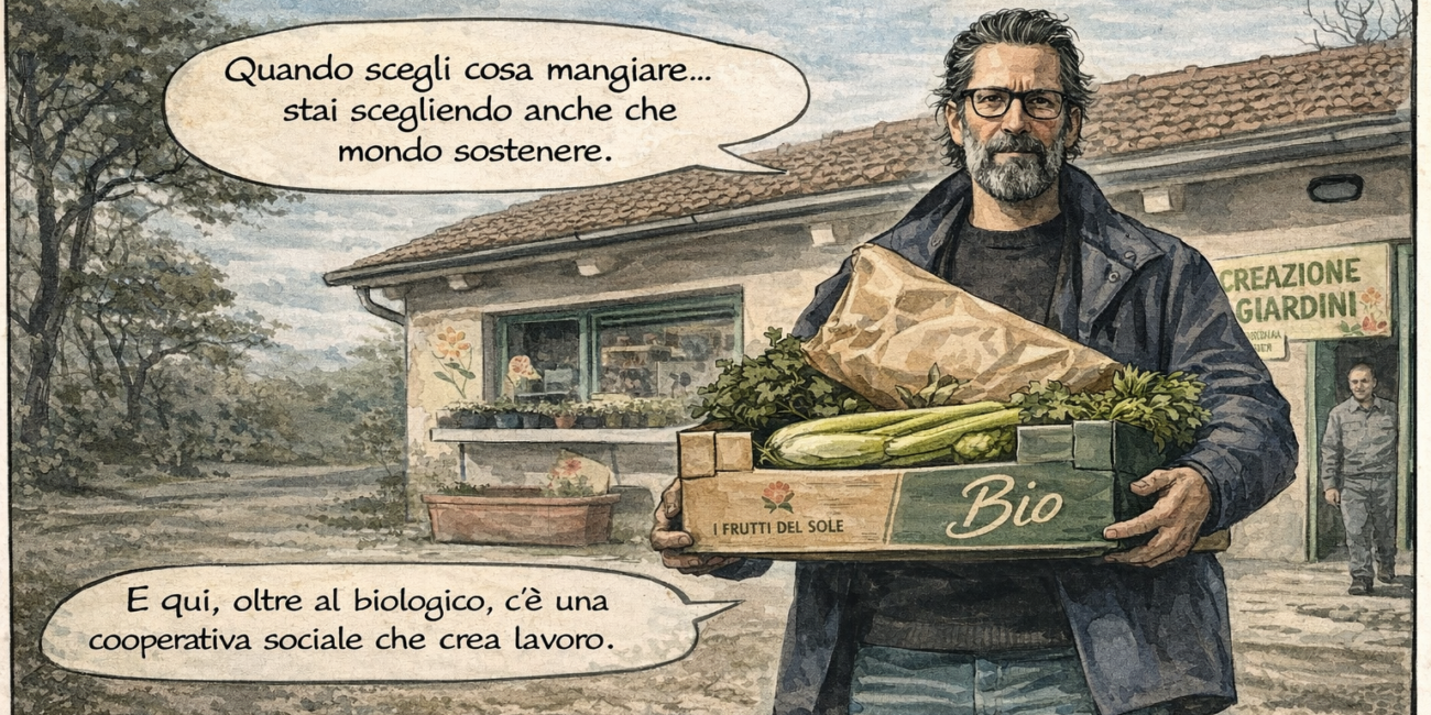 Cliente con cassetta bio davanti alla cooperativa sociale Ariel – biologico locale e sostenibilità.