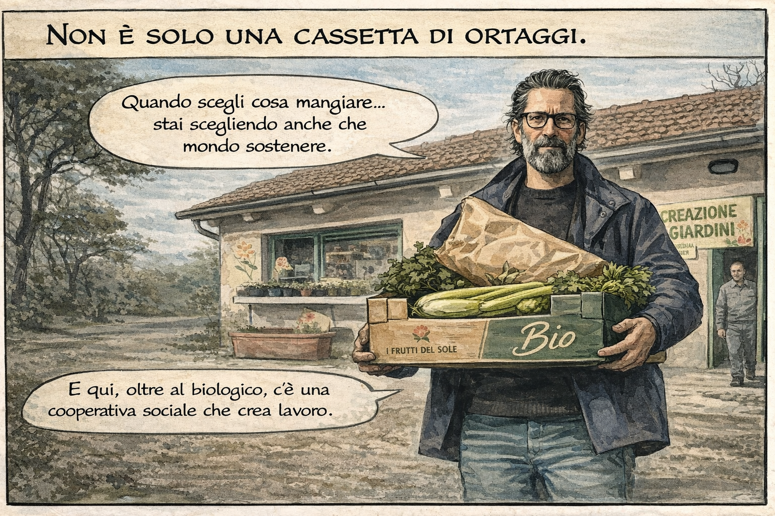 Cliente con cassetta bio davanti alla cooperativa sociale Ariel – biologico locale e sostenibilità.