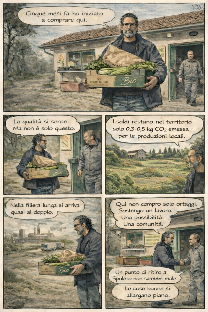 cliente CiboNostrvm con cassetta bio, cooperativa sociale e messaggi su riduzione CO₂, filiera corta ed economia locale.