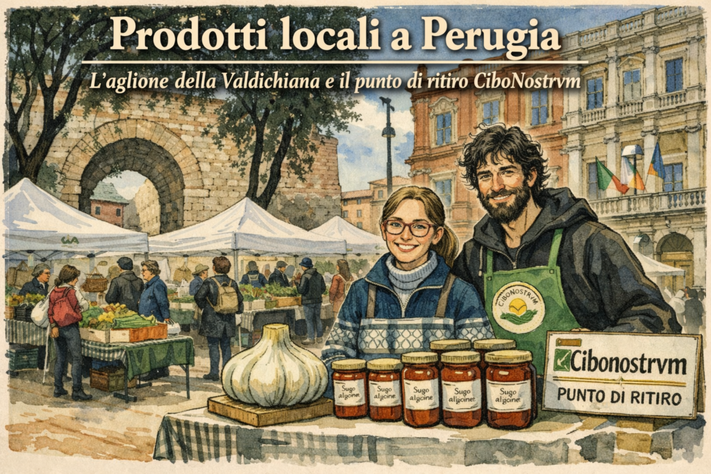 Prodotti agricoli locali al mercatino dell'Arco Etrusco di Perugia