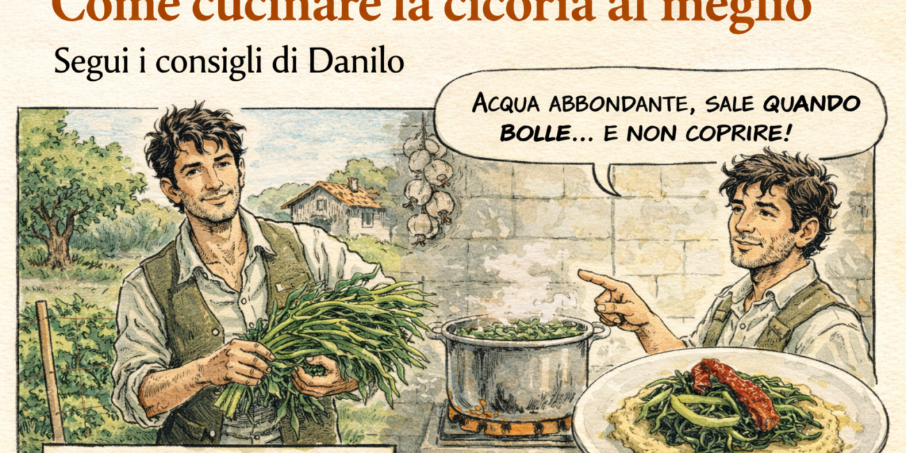 Come cucinare la cicoria consigli di Danilo con cicoria biologica, cottura in acqua e piatto con crema di ceci e pomodori secchi
