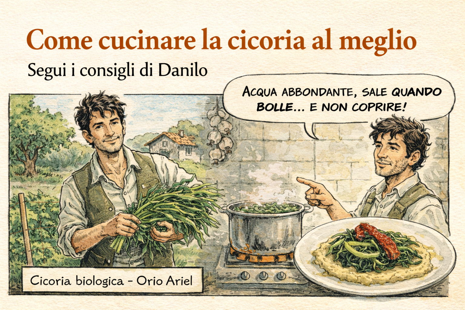 Come cucinare la cicoria consigli di Danilo con cicoria biologica, cottura in acqua e piatto con crema di ceci e pomodori secchi