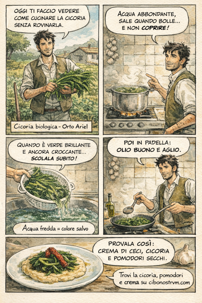 Fumetto su come cucinare la cicoria consigli di Danilo dalla bollitura alla padella fino al piatto con crema di ceci e pomodori secchi