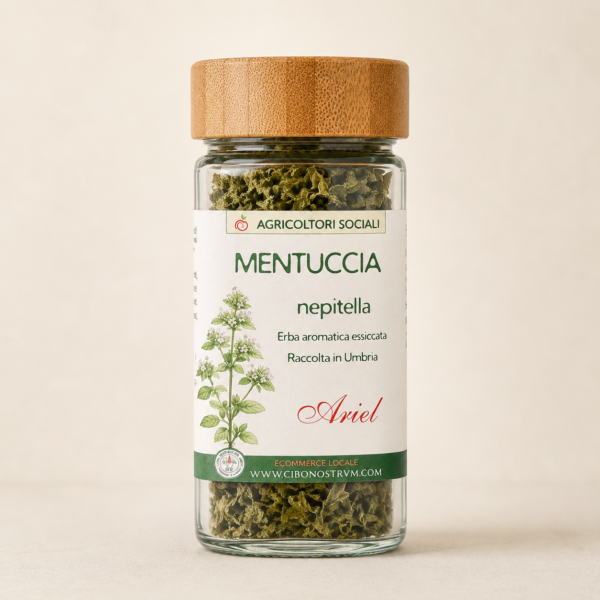 Vasetto in vetro di mentuccia nepitella essiccata coltivata in Umbria da Ariel Cooperativa Sociale