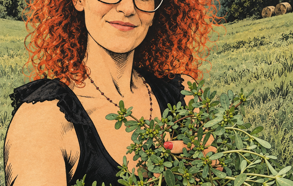 Eva Contardi mostra portulaca fresca, erba spontanea commestibile dell’orto bio