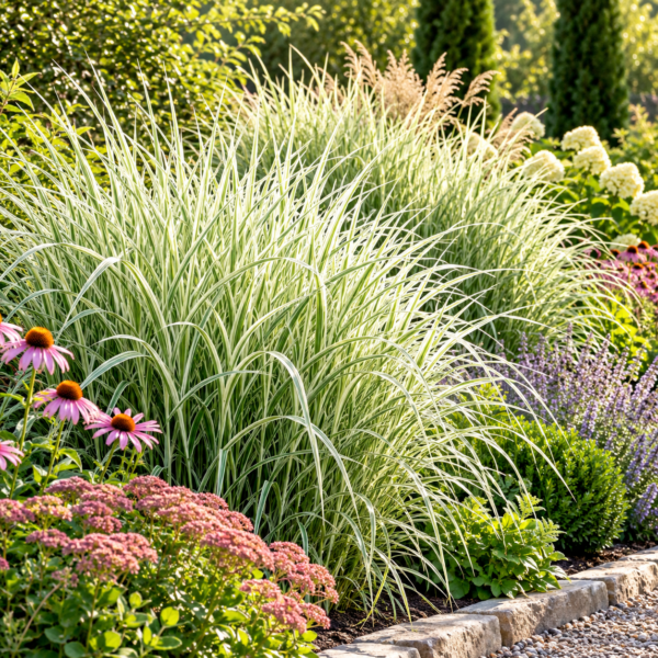 Miscanthus sinensis Variegatus utilizzato in aiuola come graminacea ornamentale