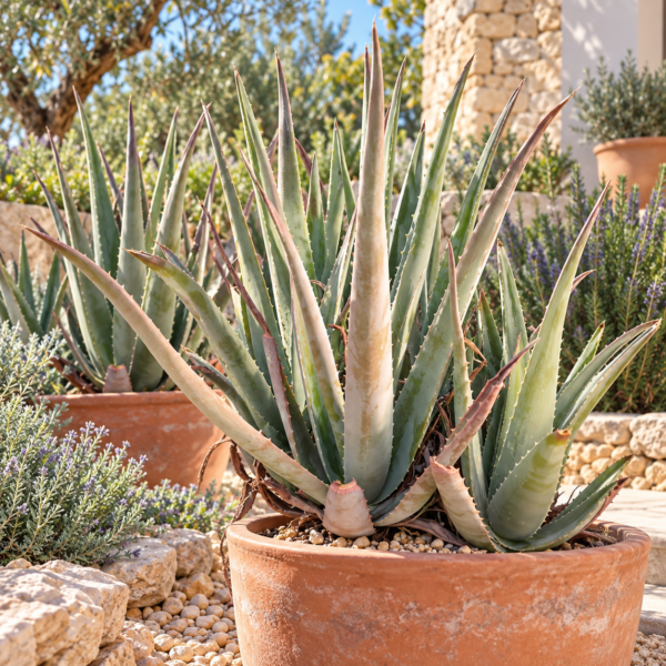 Aloe vera coltivata in vaso in un contesto mediterraneo